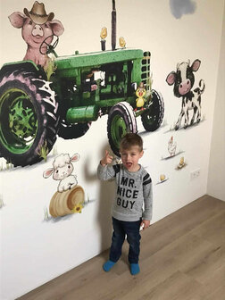 Behang sample boerderijdieren tractor groen