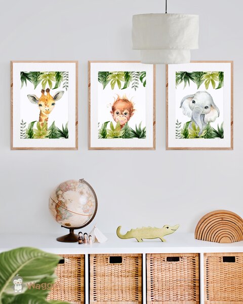 Poster set van 3 olifant, giraf en aapje jungle