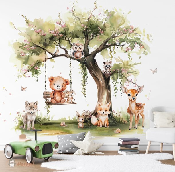 Behang sample Dreamy Woods swing babies pink