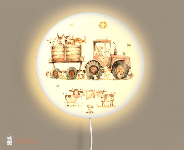 Wandlamp rond Funny Farm tractor rood