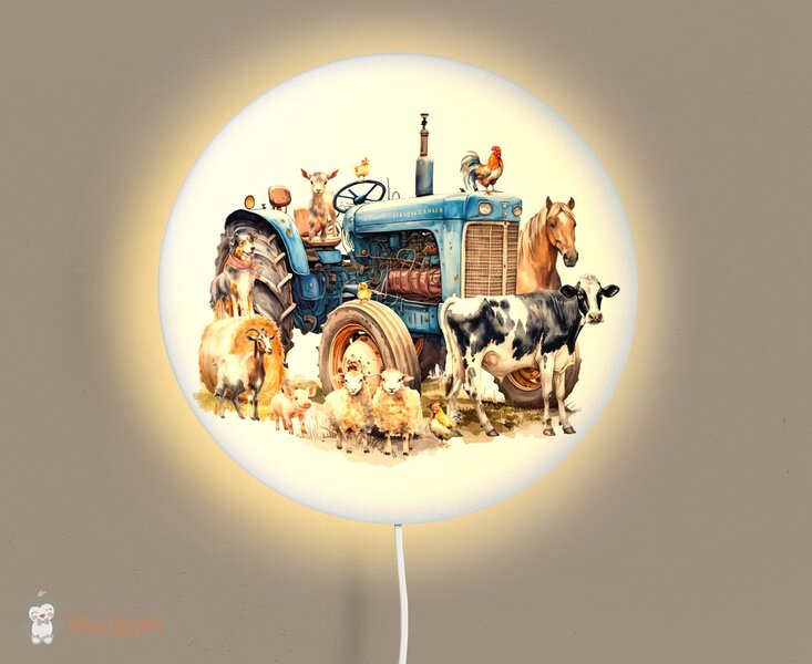 Wandlamp rond Farmlife tractor blauw 