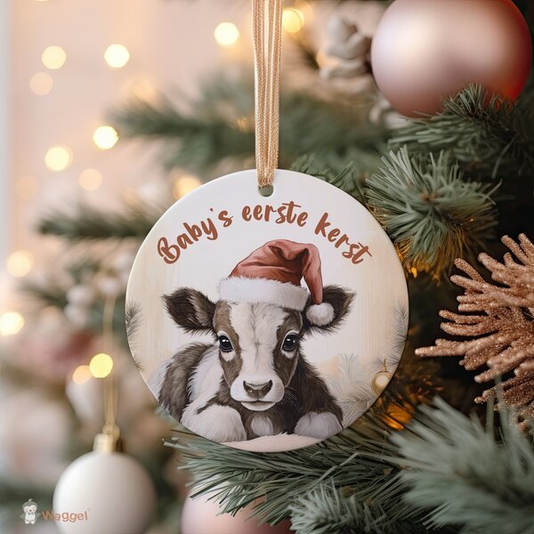 Kerst ornament kalfje bruin/wit