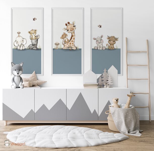 Behang panelen (set van 3)  Jungle cuties blauw onderzijde