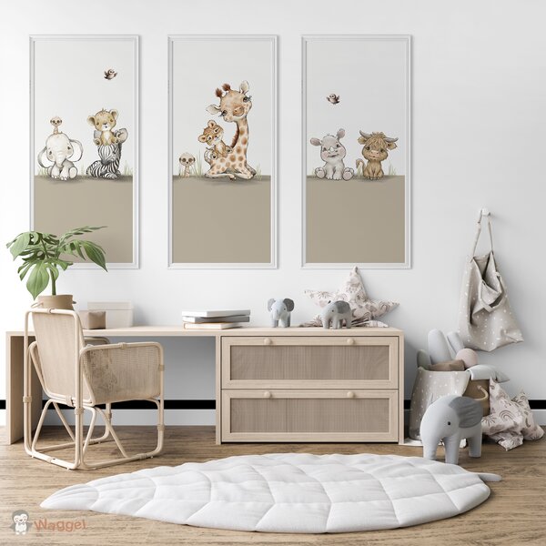 Behang panelen (set van 3)  Jungle cuties aardetint onderzijde